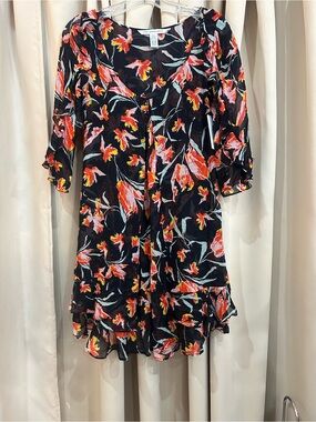 Diane Von Furstenberg Black Mini Dress with Coral, Yellow & Mint Floral Print
